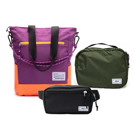 Kit Aerolook - Tote The Summer Hunter + Pochete Eclipse, Roxo Viagem e Preta, Nécessaire Hotel Verde Araucária da Allcatrazes