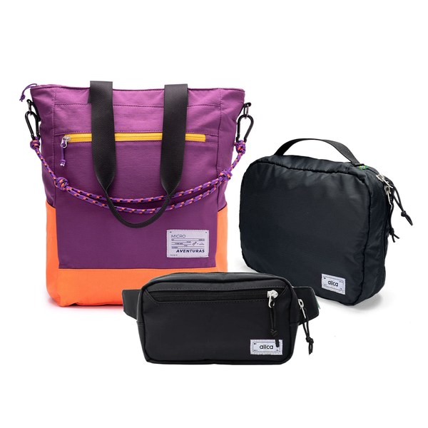 Kit Aerolook com Tote The Summer Hunter e Pochete Eclipse, Roxo Viagem e preta, com Nécessaire Hotel preta da Allcatrazes