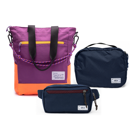 Kit Aerolook - Tote The Summer Hunter + Pochete Minuano, Roxo Viagem e Azul Aurora, Nécessaire Hotel Azul Aurora da Allcatrazes
