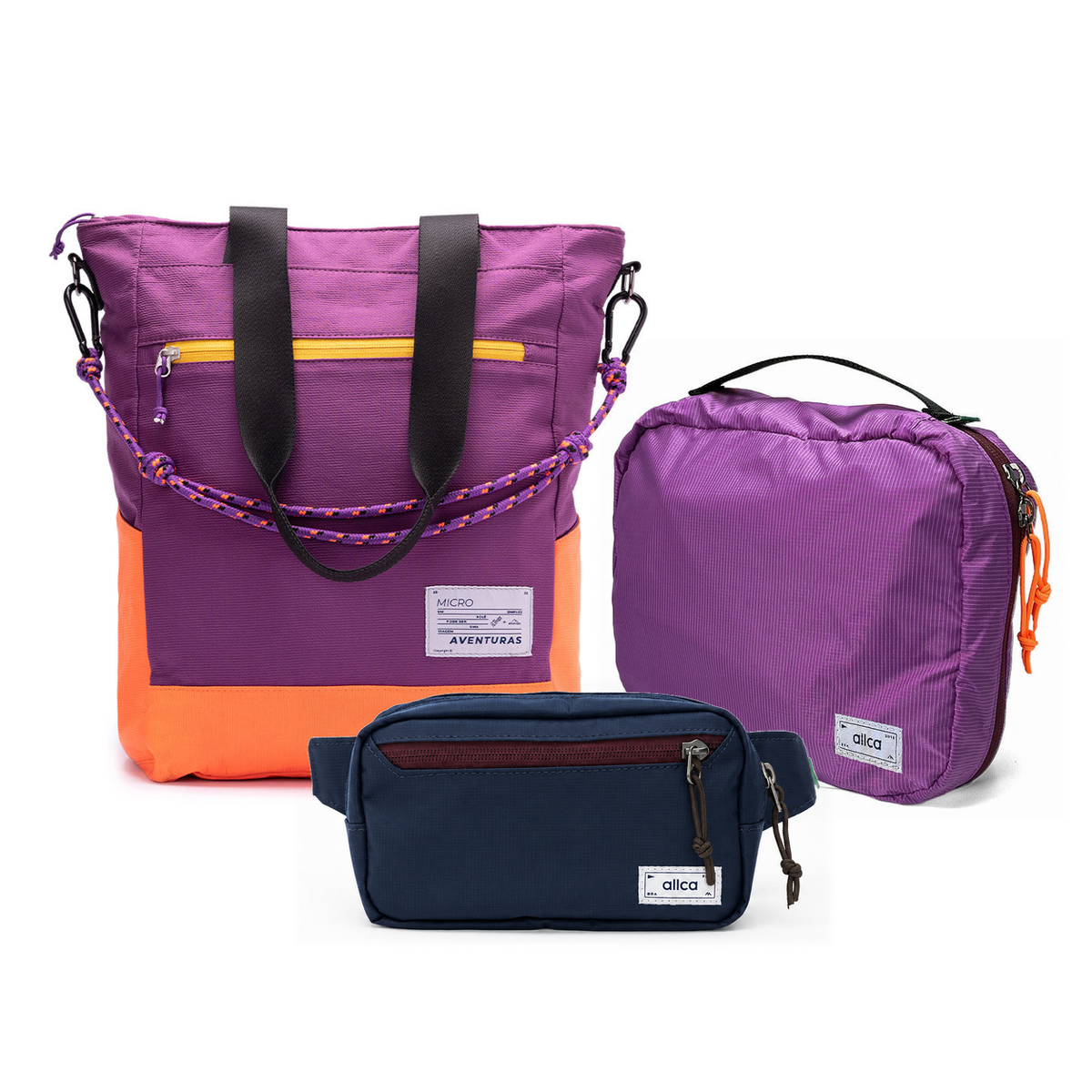 Kit Aerolook - Tote The Summer Hunter + Pochete Minuano, Roxo Viagem e Azul Aurora, Nécessaire Hotel Roxa da Allcatrazes