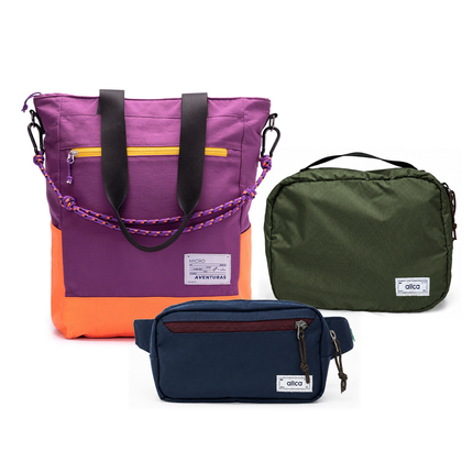Kit Aerolook - Tote The Summer Hunter + Pochete Minuano, Roxo Viagem e Azul Aurora, Nécessaire Hotel Verde Araucária da Allcatrazes