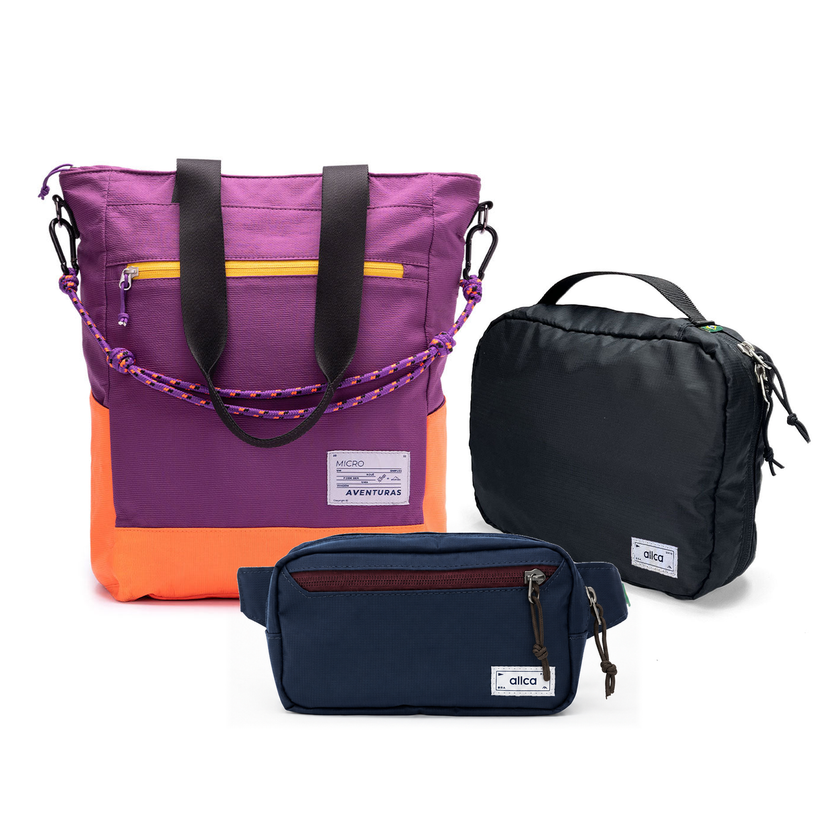 Kit Aerolook com Tote The Summer Hunter e Pochete Minuano, Roxo Viagem e Azul Aurora, com Nécessaire Hotel preta da Allcatrazes