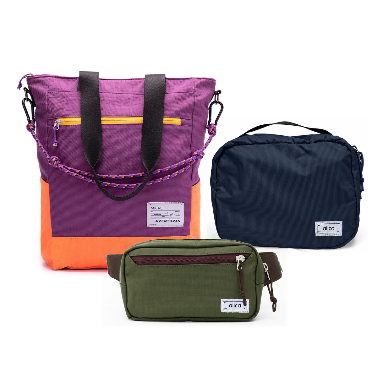 Kit Aerolook - Tote The Summer Hunter + Pochete Minuano, Roxo Viagem e Verde Araucária, Nécessaire Hotel Azul Aurora da Allcatrazes