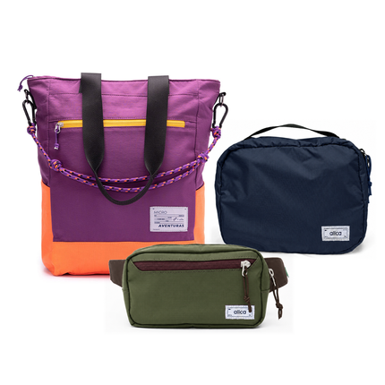 Kit Aerolook - Tote The Summer Hunter + Pochete Minuano, Roxo Viagem e Verde Araucária, Nécessaire Hotel Azul Aurora da Allcatrazes