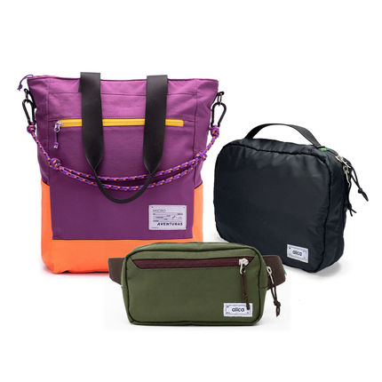 Kit Aerolook com Tote The Summer Hunter e Pochete Minuano, Roxo Viagem e Verde Araucária, com Nécessaire Hotel preta da Allcatrazes
