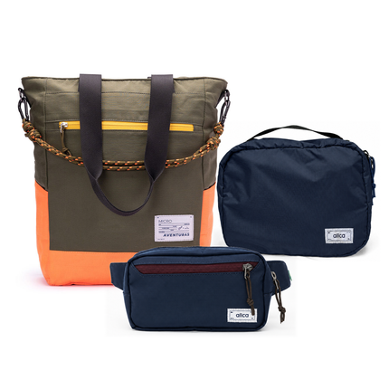 Kit Aerolook - Tote The Summer Hunter + Pochete Minuano, Verde Cachoeira e Azul Aurora, Nécessaire Hotel Azul Aurora da Allcatrazes