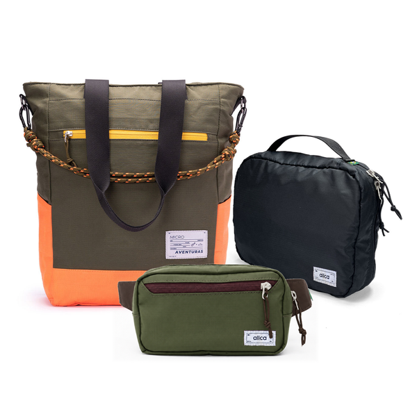 Kit Aerolook com Tote The Summer Hunter e Pochete Minuano, Verde Cachoeira e Verde Araucária, com Nécessaire Hotel preta da Allcatrazes