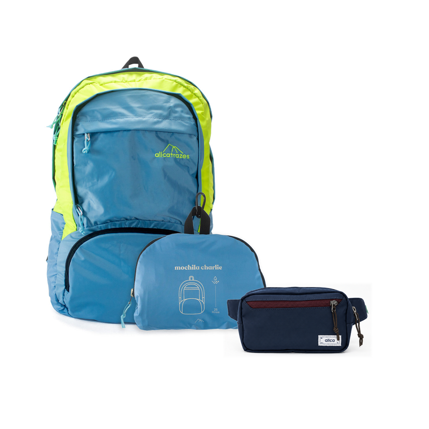 Kit Bagagem Leve - Pochete - Minuano com Mochila Charlie Dobrável 25L Azul | Amarelo e Pochete Minuano Azul Aurora da Allcatrazes