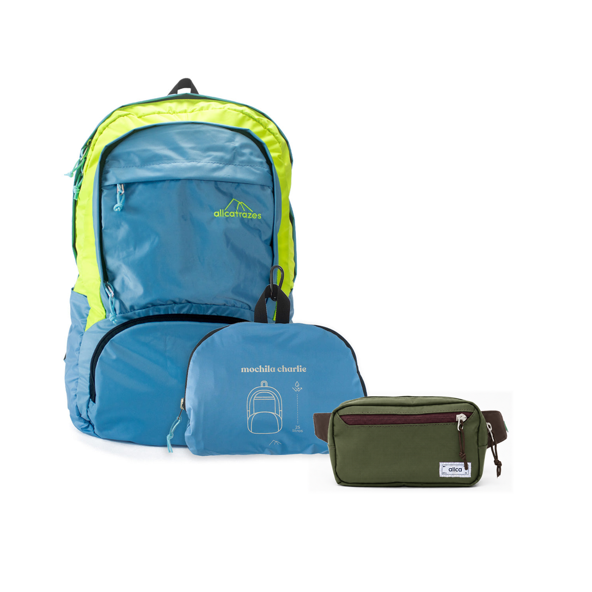 Kit Bagagem Leve - Pochete - Minuano com Mochila Charlie Dobrável 25L Azul | Amarelo e Pochete Minuano Verde Araucária da Allcatrazes
