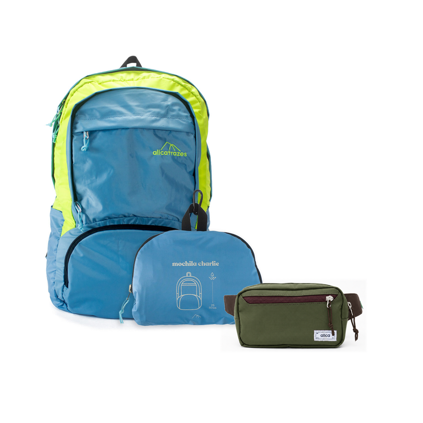 Kit Bagagem Leve - Pochete - Minuano com Mochila Charlie Dobrável 25L Azul | Amarelo e Pochete Minuano Verde Araucária da Allcatrazes