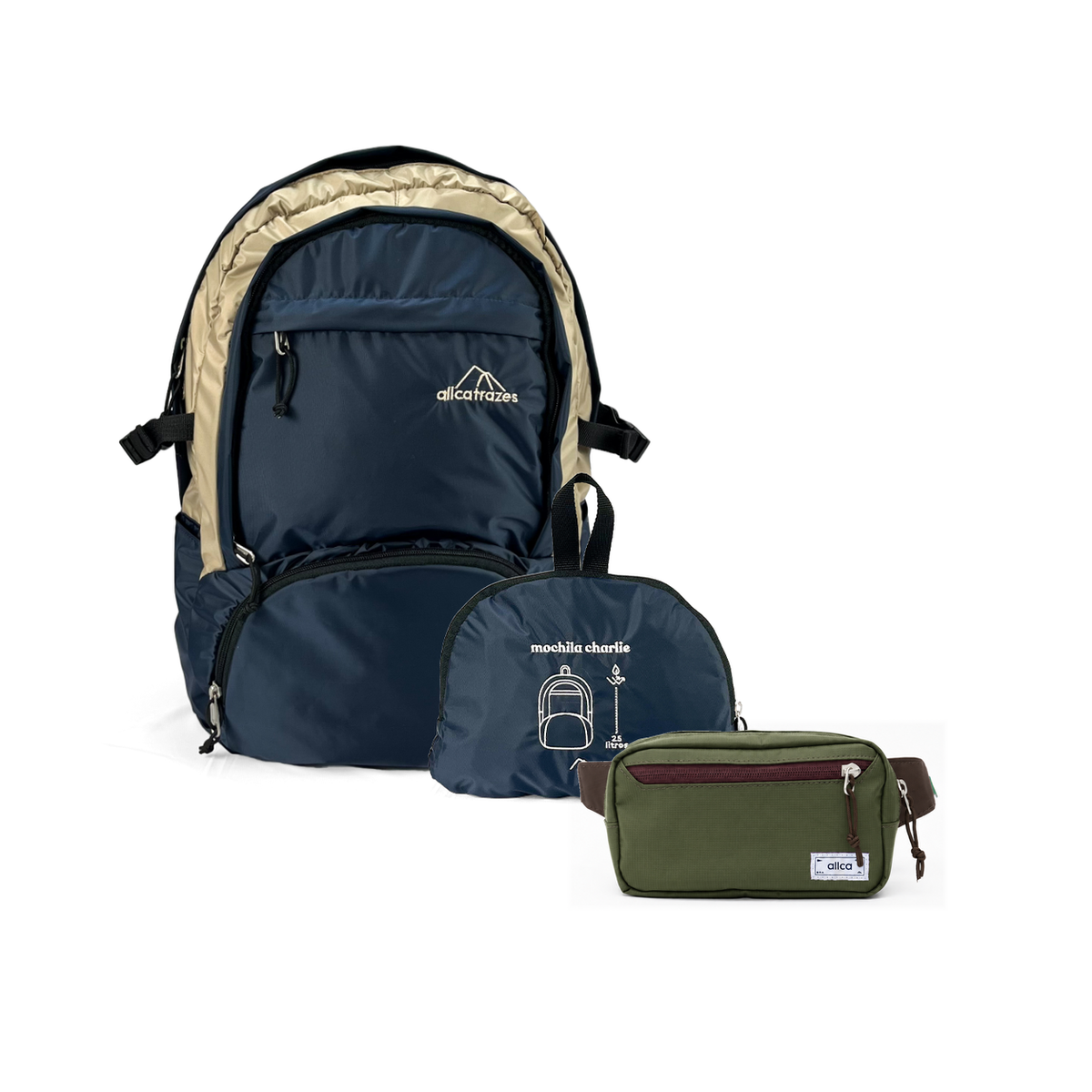 Kit Bagagem Leve - Pochete - Minuano com Mochila Charlie Dobrável 25L Azul Marinho | Areia e Pochete Minuano Verde Araucária da Allcatrazes