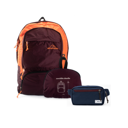 Kit Bagagem Leve - Pochete - Minuano com Mochila Charlie Dobrável 25L Bordô | Laranja e Pochete Minuano Azul Aurora da Allcatrazes