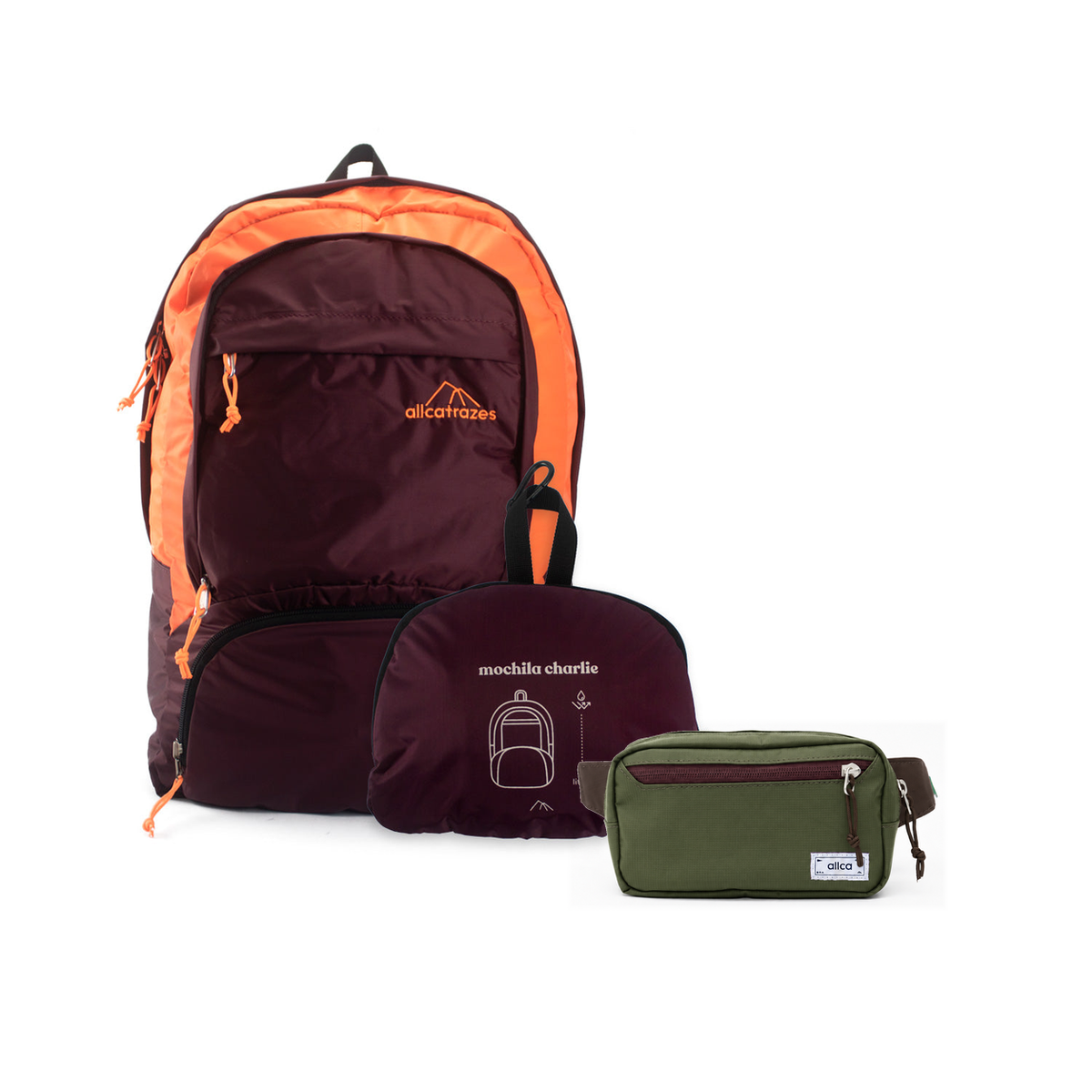 Kit Bagagem Leve - Pochete - Minuano com Mochila Charlie Dobrável 25L Bordô | Laranja e Pochete Minuano Verde Araucária da Allcatrazes