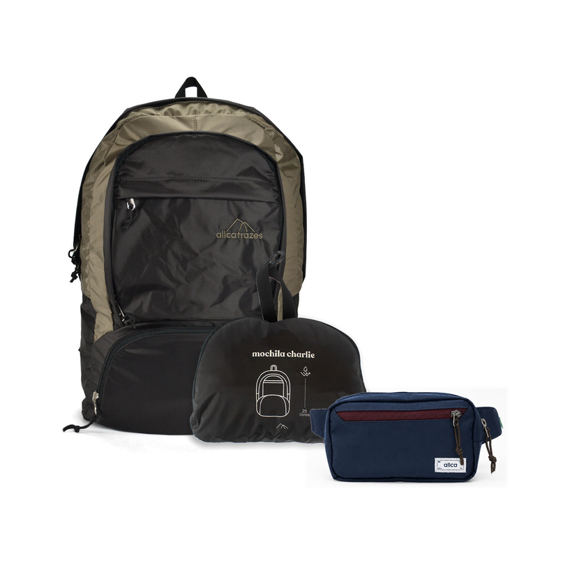 Kit Bagagem Leve - Pochete - Minuano com Mochila Charlie Dobrável 25L Café | Areia e Pochete Minuano Azul Aurora da Allcatrazes