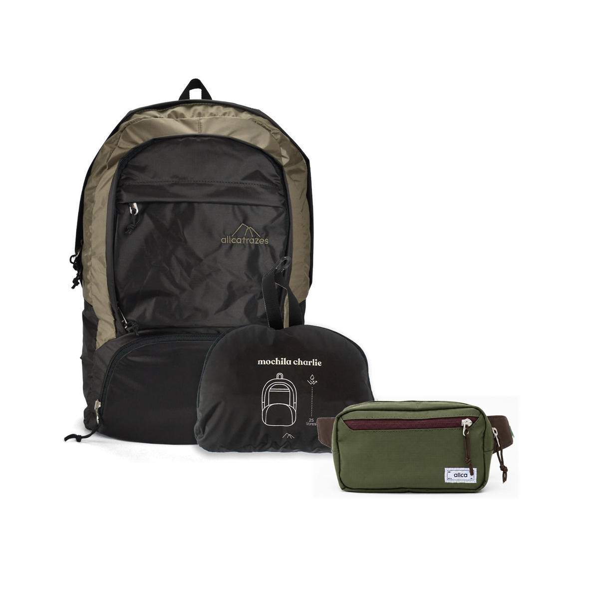 Kit Bagagem Leve - Pochete - Minuano com Mochila Charlie Dobrável 25L Café | Areia e Pochete Minuano Verde Araucária da Allcatrazes