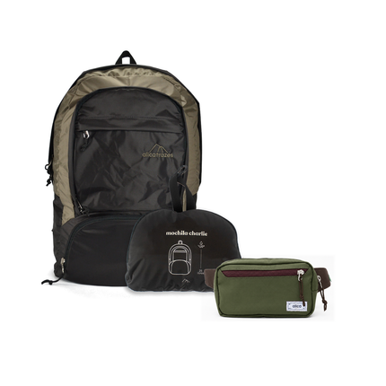 Kit Bagagem Leve - Pochete - Minuano com Mochila Charlie Dobrável 25L Café | Areia e Pochete Minuano Verde Araucária da Allcatrazes