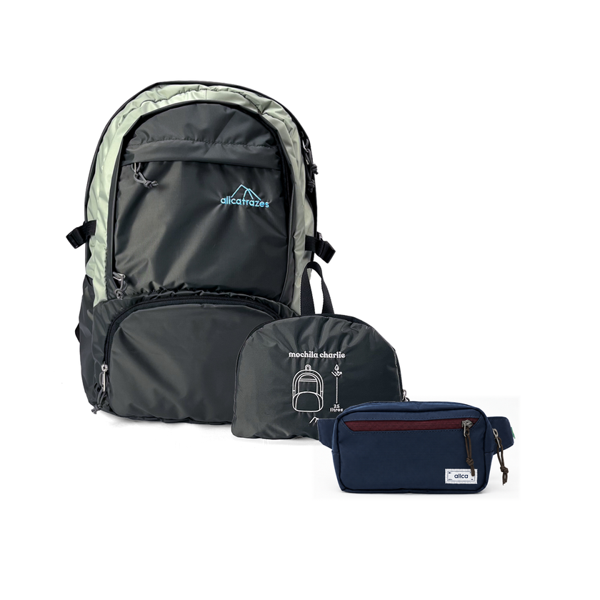 Kit Bagagem Leve - Pochete - Minuano com Mochila Charlie Dobrável 25L Chumbo | Prata e Pochete Minuano Azul Aurora da Allcatrazes