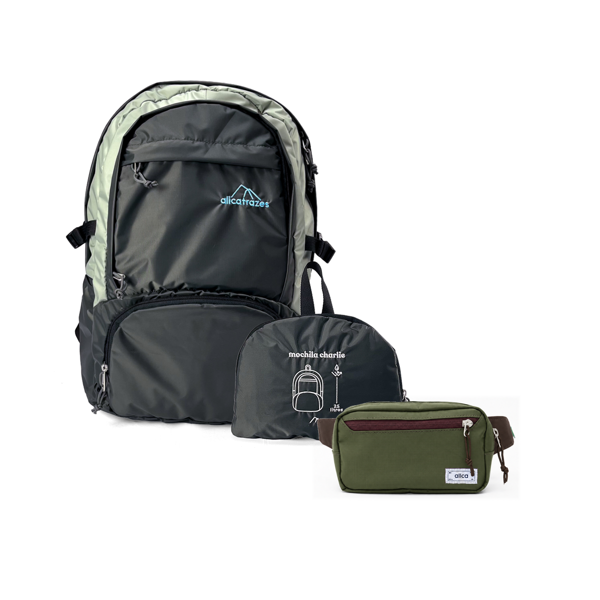 Kit Bagagem Leve - Pochete - Minuano com Mochila Charlie Dobrável 25L Chumbo | Prata e Pochete Minuano Verde Araucária da Allcatrazes