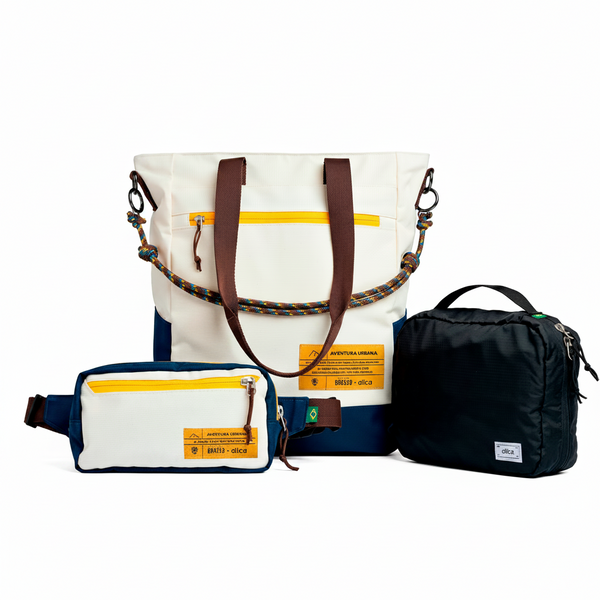 Kit Aerolook x Brasco completo: Tote off white e azul, Pochete e Nécessaire Hotel da Allcatrazes