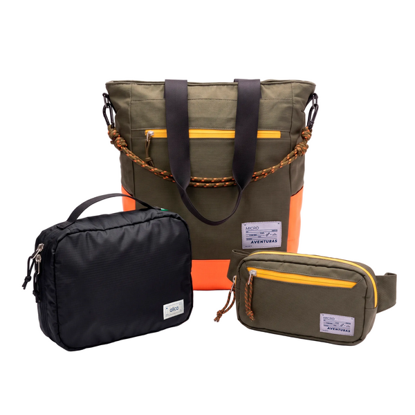 Kit Aerolook x The Summer Hunter: Tote verde e laranja, Nécessaire preta e Pochete verde da Allca