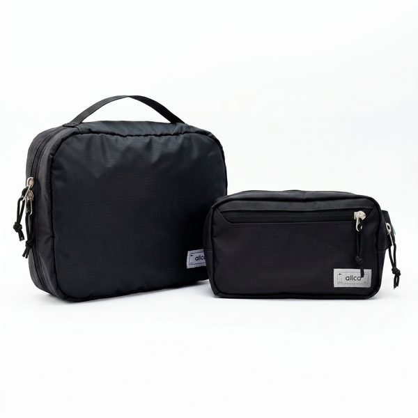 Kit Carry-on Allca Allcatrazes Eclipse preto, necessaire Hotel e pochete em tecido hidrorrepelente com forro impermeavel, feito no Brasil - vista frontal das duas pecas