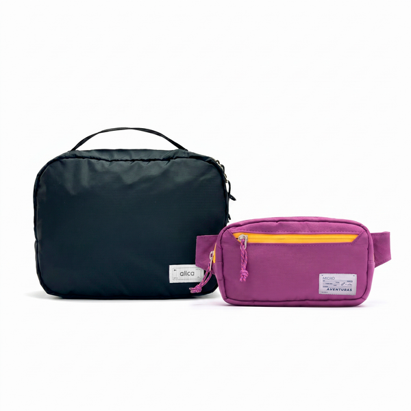 Kit Carry-on Allca Allcatrazes x The Summer Hunter, necessaire Hotel azul petroleo e pochete roxa com ziper amarelo em tecido hidrorrepelente - vista frontal do conjunto