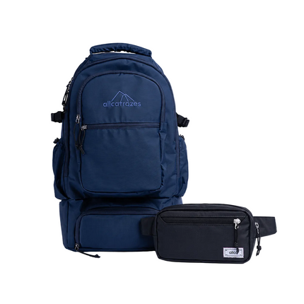 mochila alfa 33l allcatrazes cor azul com pochte allcatrazes preta kit viagem embarque