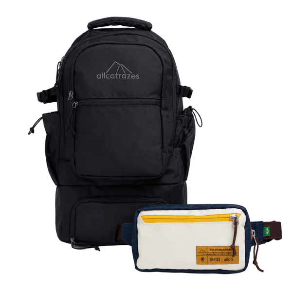 mochila alfa 33l allcatrazes cor preta com pochte off white brasco kit viagem embarque