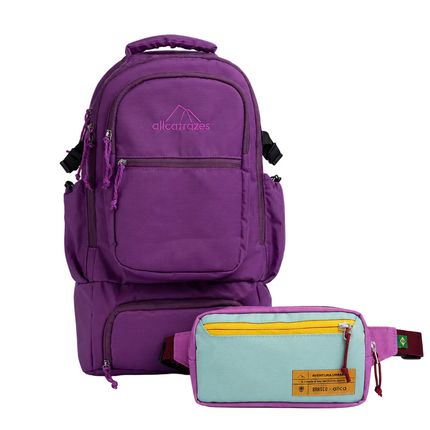 mochila alfa 33l allcatrazes cor roxa com pochete azul respiro brasco kit viagem embarque