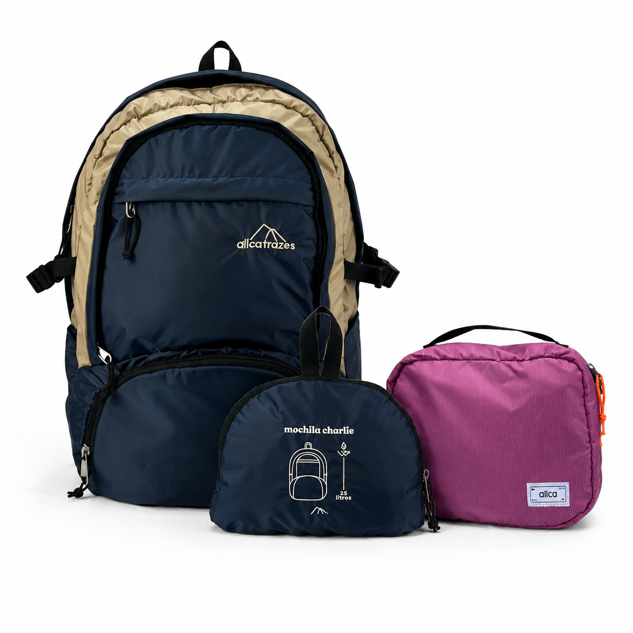 Mochila charlie azul marinho + Nécessaire Hotel Rosa _ Kit viagem.
Mochila dobrável.
Allcatrazes
Allca