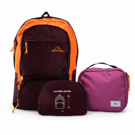 Mochila charlie Bordô e laranja + Nécessaire Hotel Rosa _ Kit viagem.
Mochila dobrável.
Allcatrazes
Allca