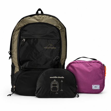 Mochila charlie café e areia + Nécessaire Hotel Rosa _ Kit viagem.
Mochila dobrável.
Allcatrazes
Allca