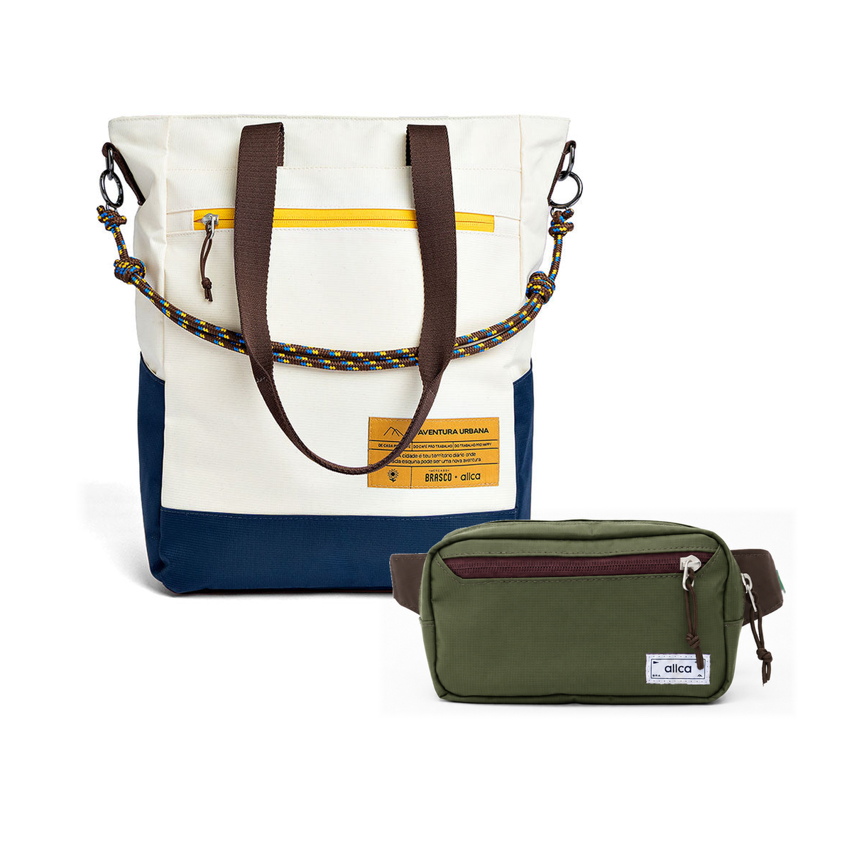 Kit Em Movimento com Tote Brasco e Pochete Minuano, Off White Encontro e Verde Araucária da Allcatrazes