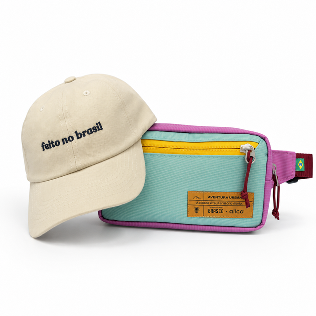 Kit Raizes Brasileiras Allcatrazes x Brasco: pochete repiro azul e rosa em tecido hidrorrepelente com cabo nautico e bone dad hat off-white feito no Brasil - kit completo