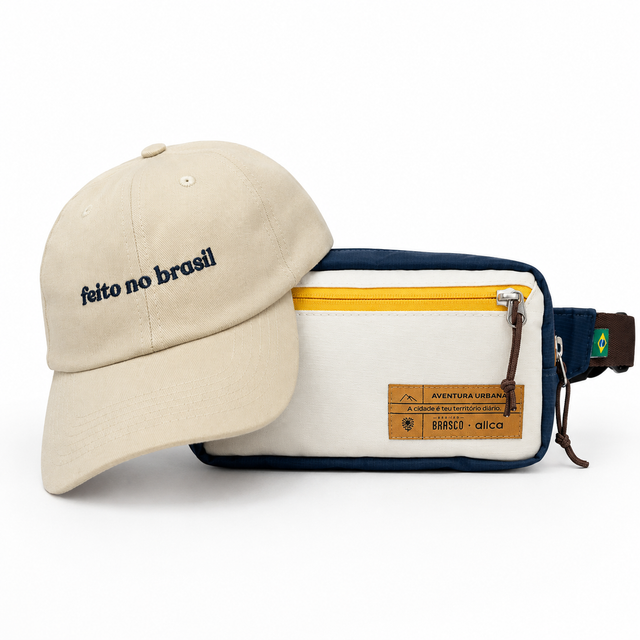 Kit Raizes Brasileiras Allcatrazes x Brasco: pochete off white em tecido hidrorrepelente com cabo nautico e bone dad hat off-white feito no Brasil - kit completo