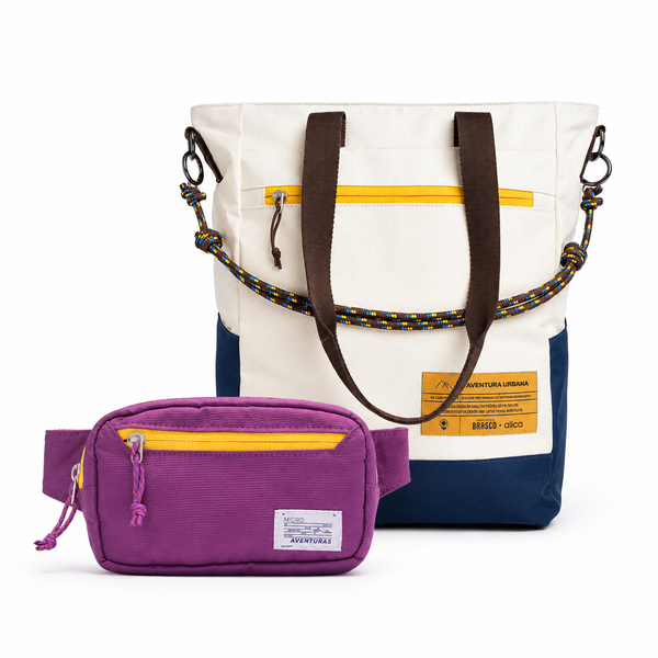 Kit Em Movimento Allca Allcatrazes Tote Bag 16L x Brasco Off White Encontro azul marinho com Pochete roxa the summer huntercombinando, tecido hidrorrepelente e detalhe em cabo nautico, divisória para notebook vista frontal das duas pecas do kit
