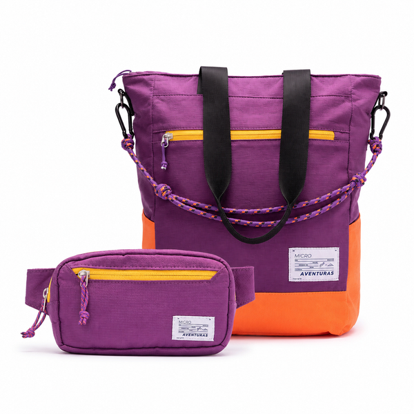 Kit Em Movimento Allca Allcatrazes com Pochete e Tote Bag x The Summer Hunter Roxo Viagem e laranja em tecido hidrorrepelente, com repartimento para notebook, vista frontal das duas pecas do kit