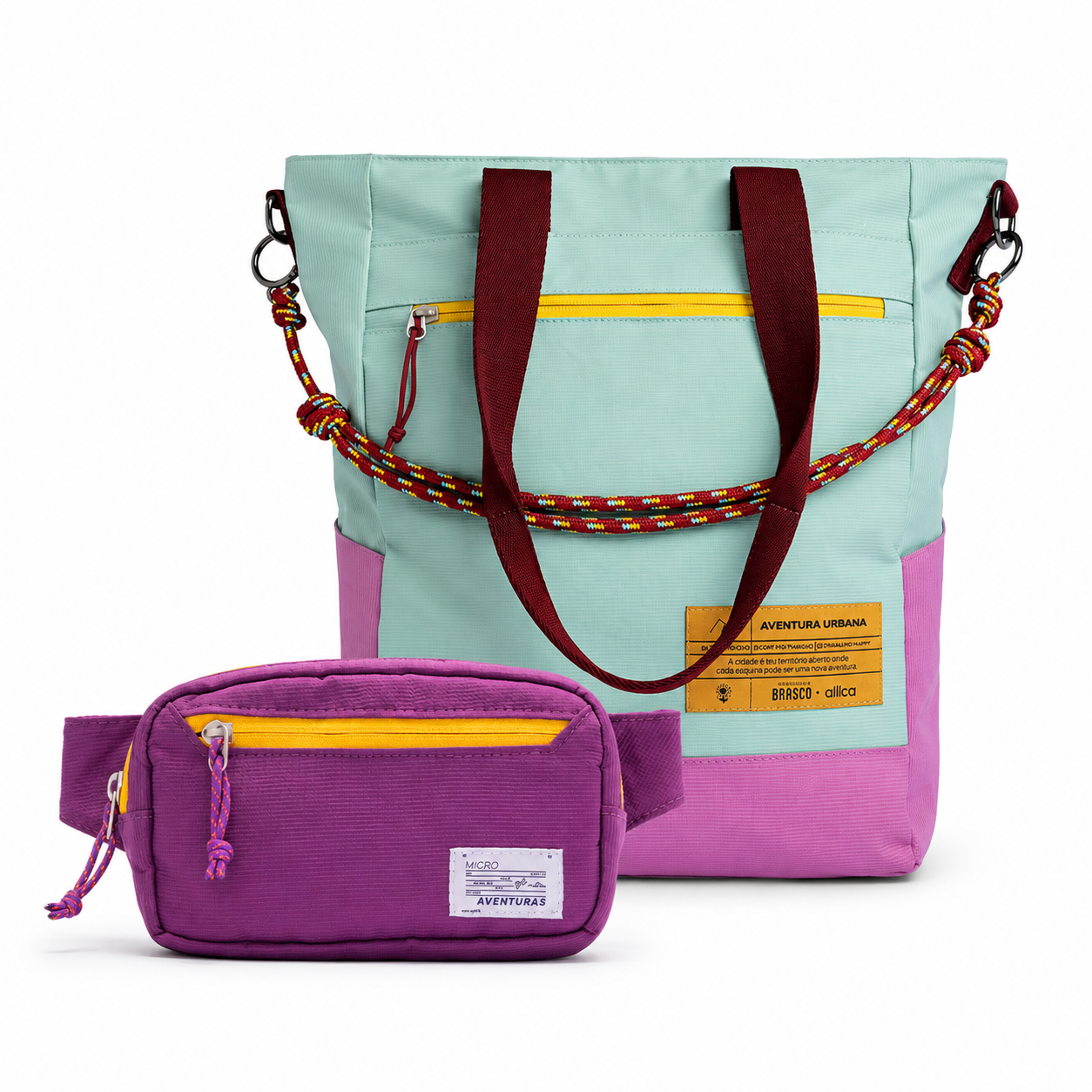 Kit Em Movimento Allca Allcatrazes Tote Bag 16L x Brasco Azul Respiro  com Pochete roxa the summer hunter combinando, tecido hidrorrepelente e detalhe em cabo nautico, repartimento para notebook, vista frontal das duas pecas do kit