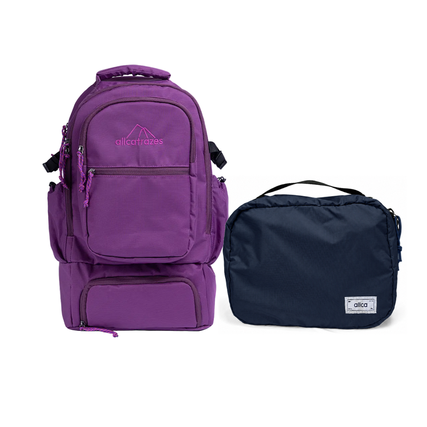 Kit Travel Essential com Mochila Alfa 3.0 33L Roxo e Nécessaire Hotel Azul Aurora da Allcatrazes